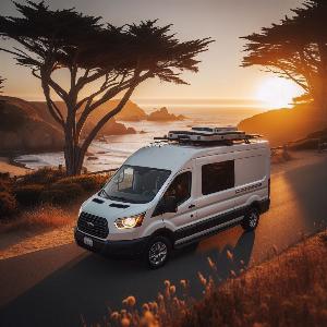 Ford Transit 350 HD extended camper van, van life in Mendocino at sunset-1